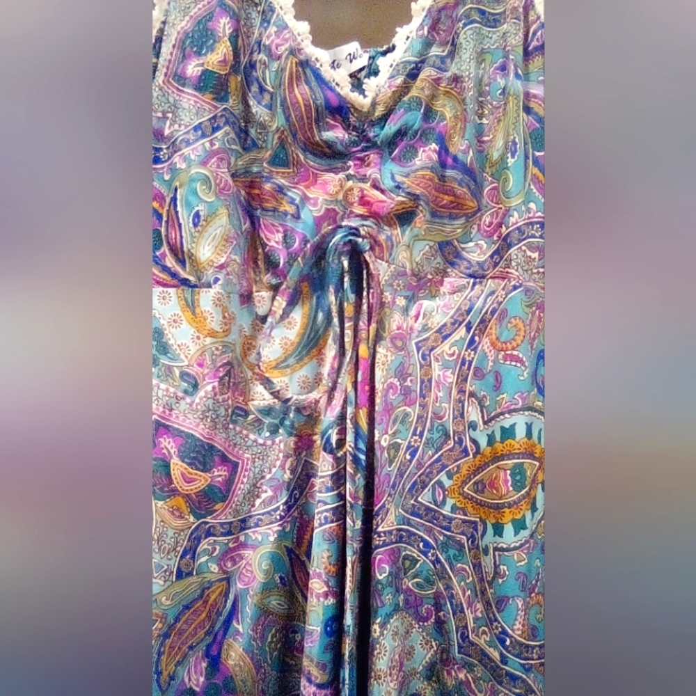 white waves - m - silky maxi women's dress - paisley multi colored